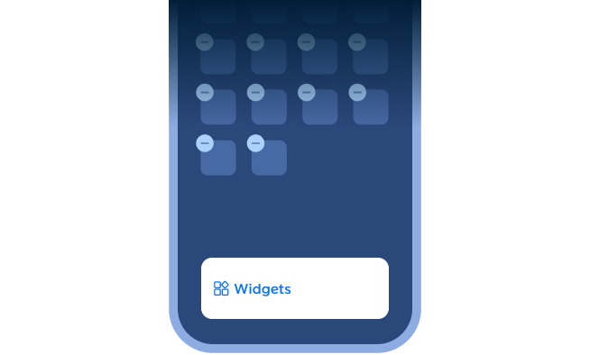 Phone interface displaying the Widgets button at the bottom of the home screen edit mode